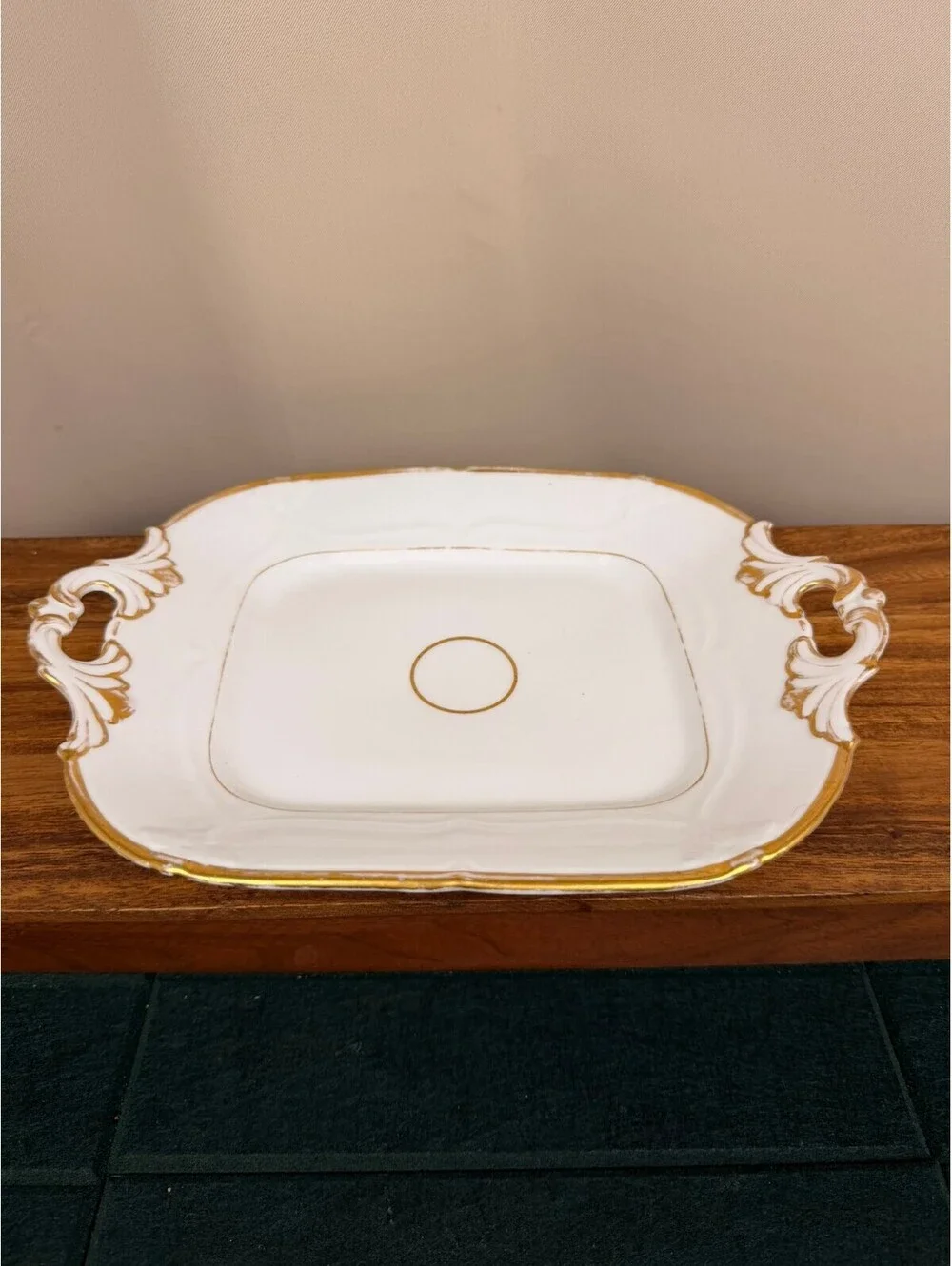 Vintage White Porcelain Serving Tray with Gold Trim and Ornate Handles